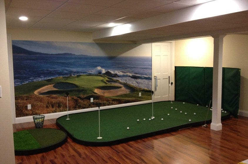 indoor golf putting green with chipping pad